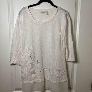 LOGO by Lori Goldstein White XS Summer Shirt Beaded Sequined and Embroidered